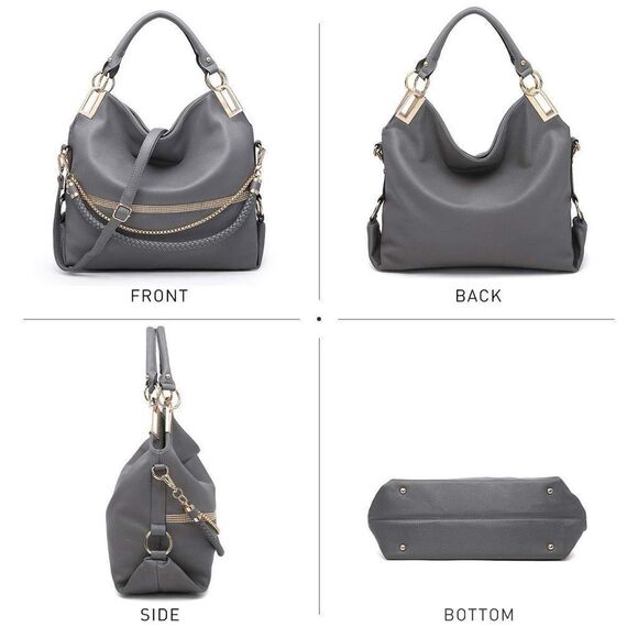 DAESIN Women’s Gray Classic Chain Large Hobo Handbag With Rhinestone Detail - Picture 2 of 12